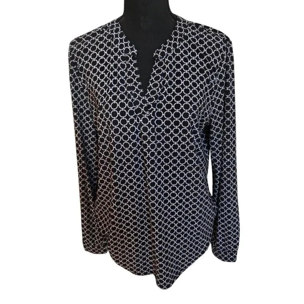 Anne Klein Womens Split Neck Long Sleeve Black White Geometric Pattern Blouse Me